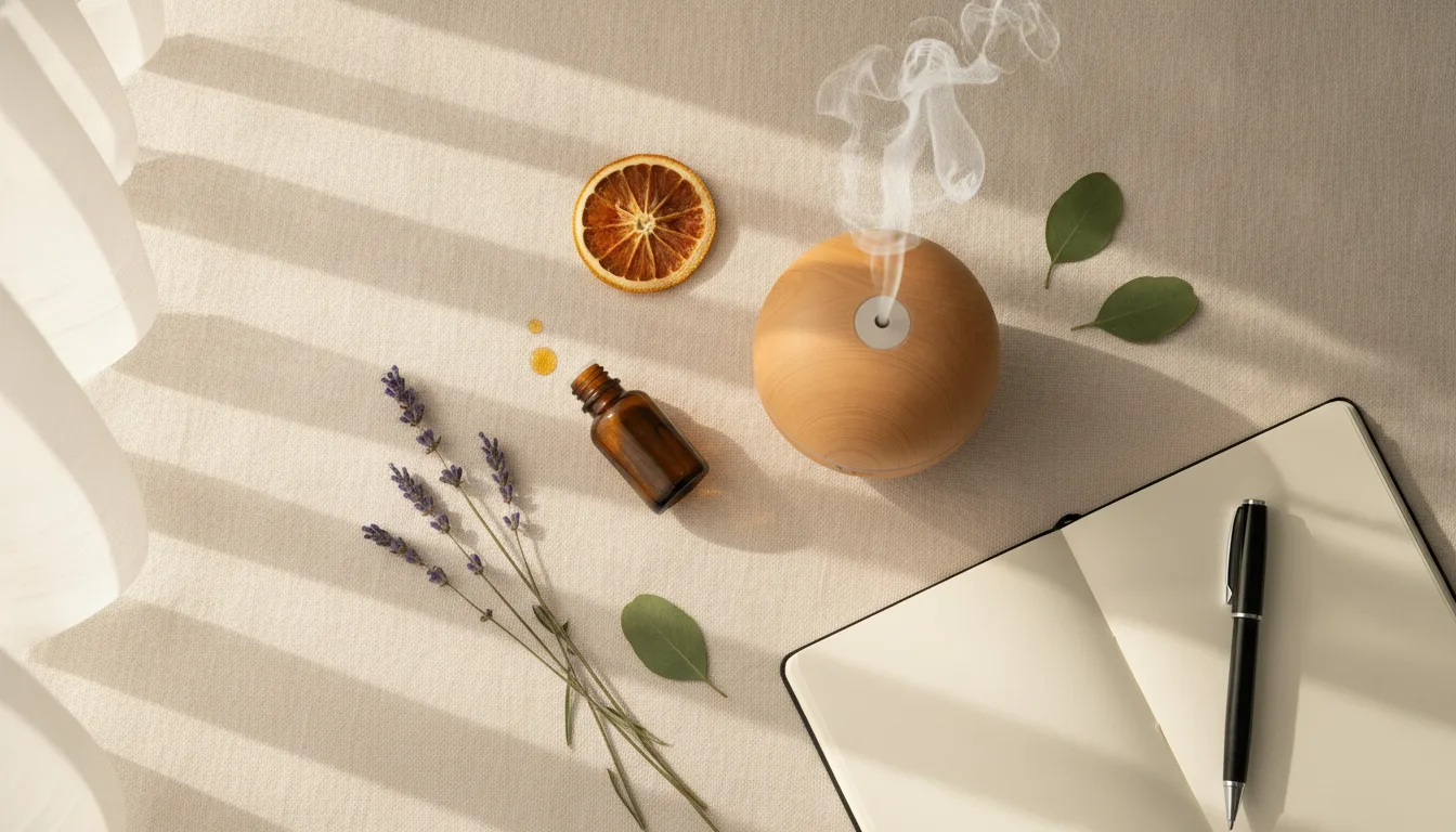 Ätherische Öle im Alltag: Mehr Wohlbefinden 1 Ätherische Öle im Alltag: Diffuser, Lavendel und Notizbuch auf Leinentuch