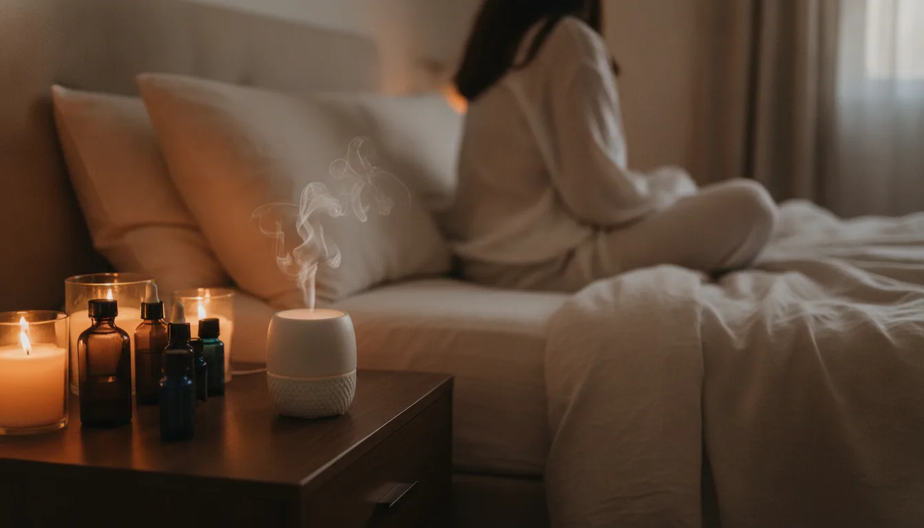 Ätherische Öle Schlaf: Besser einschlafen 1 Ätherische Öle Schlaf: Diffuser und Ölfläschchen auf Nachttisch im Schlafzimmer
