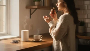 dōTERRA Business 44 ätherische Öle Selbstregulation: Frau inhaliert ätherische Öle zur Selbstregulation am Morgen in der Küche