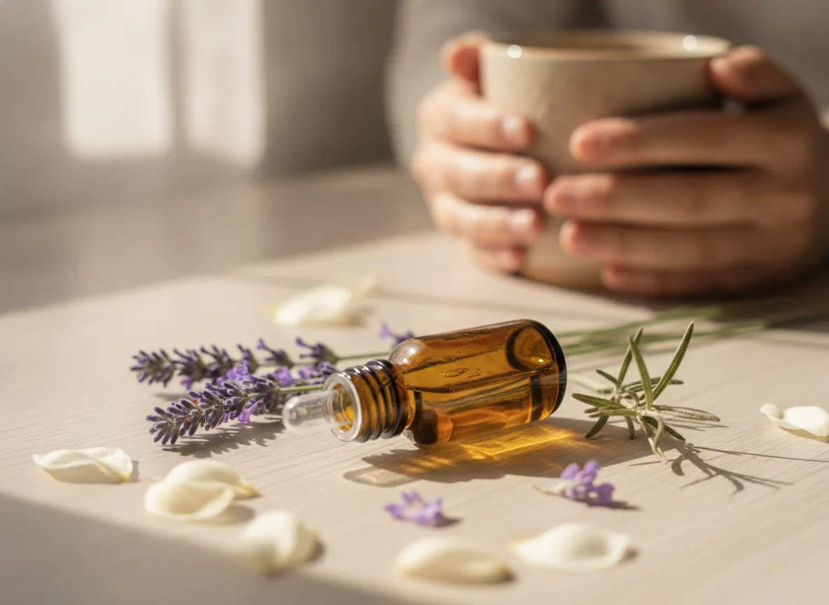 Ätherische Öle Selbstregulation: Emotionen regulieren 2 Ätherisches Öl in Bernsteinflasche mit Lavendel und Kräutern auf Holzoberfläche