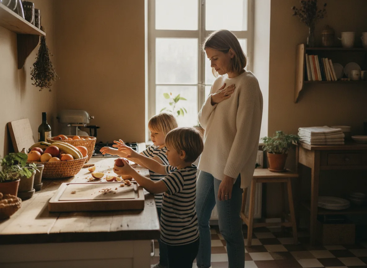 EFT Klopftechnik Familienalltag: Ruhe mit Ölen 2 Erschöpfte Mutter hält inne inmitten von Kinderstreit in der Küche
