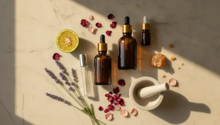 Natur Parfum herstellen: ätherische Öle, Glasfläschchen und Botanicals auf Marmor