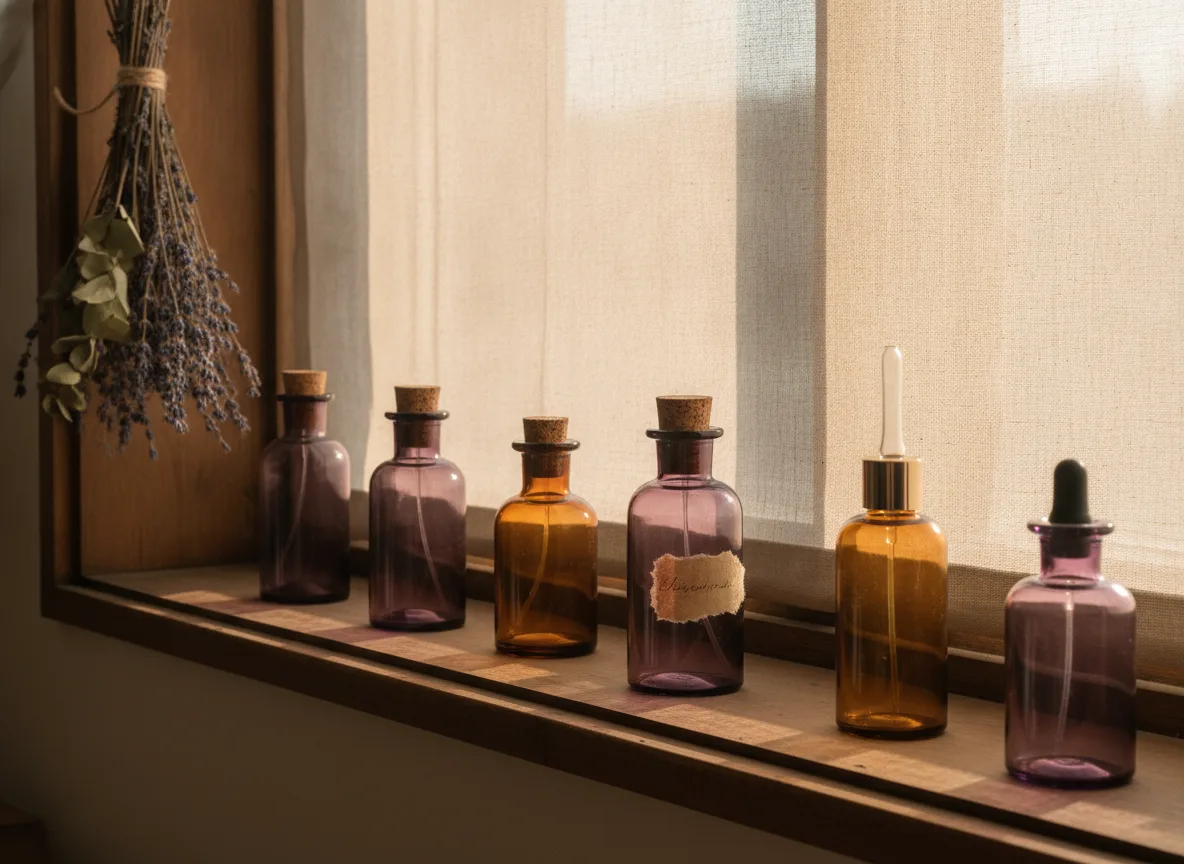 Natur Parfum herstellen mit ätherischen Ölen 3 Dunkle Glasflaschen mit Parfumöl lagern auf einem Holzregal während der Reifezeit