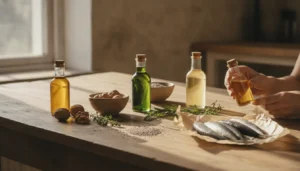Ätherische Öle 26 Omega-3 Omega-6 Verhältnis sichtbar als Öle, Nüsse und Fisch auf Holztisch