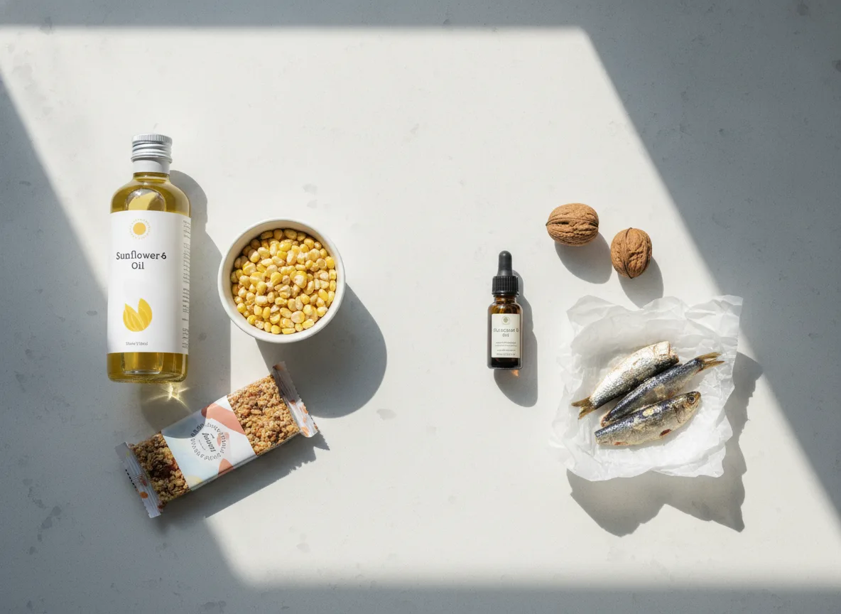 Omega-3 Omega-6 Verhältnis: Ölbalance im Körper 2 Ungleichgewicht zwischen Omega-6- und Omega-3-Quellen auf hellem Untergrund