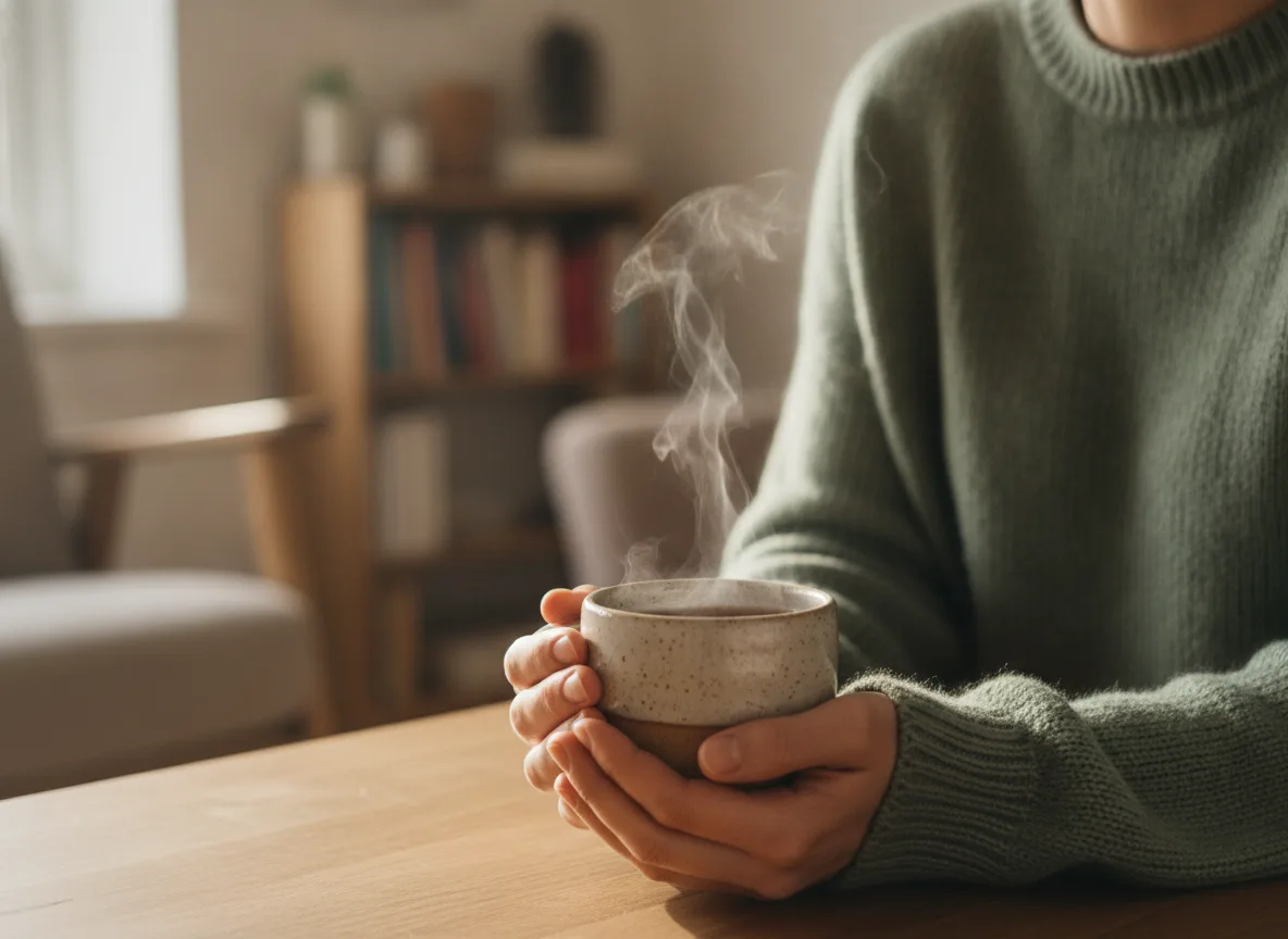 Reparaturgespräch nach Streit: Sätze und Schritte 2 Ruhige Hände umfassen eine dampfende Tasse als Zeichen innerer Beruhigung