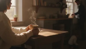 dōTERRA Business 42 Selbstfuersorge Eltern Schuldgefuehle: Mutter mit Kaffee am Morgen: Selbstfürsorge Eltern Schuldgefühle loslassen